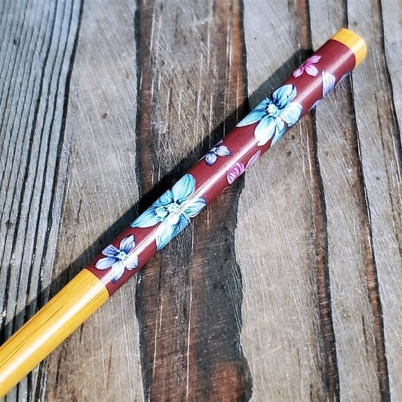 Japanese Flower Print Tortoise Shell Bamboo Hair Stick Plum Blue Pink - Picture 1 of 7